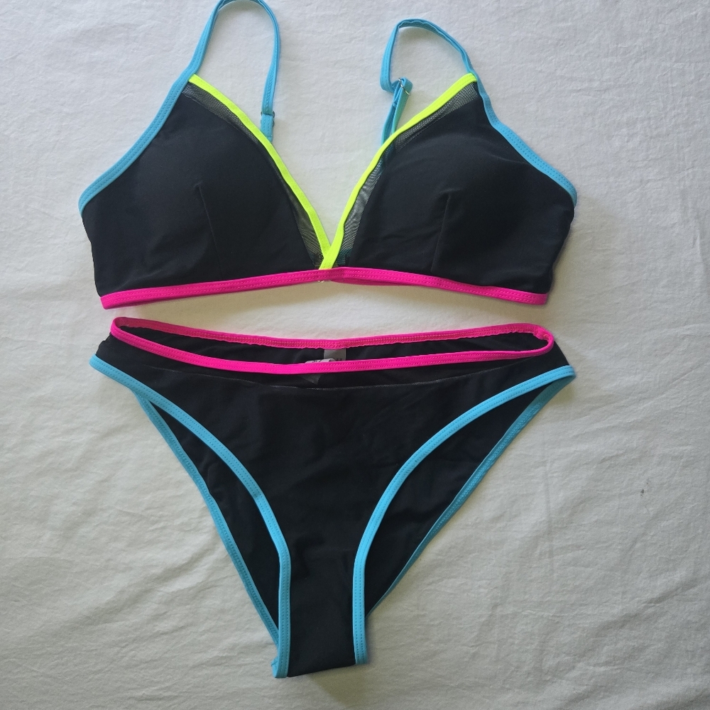 NWOT, Black Neon Trim Bikini Set - Women's Swim, L